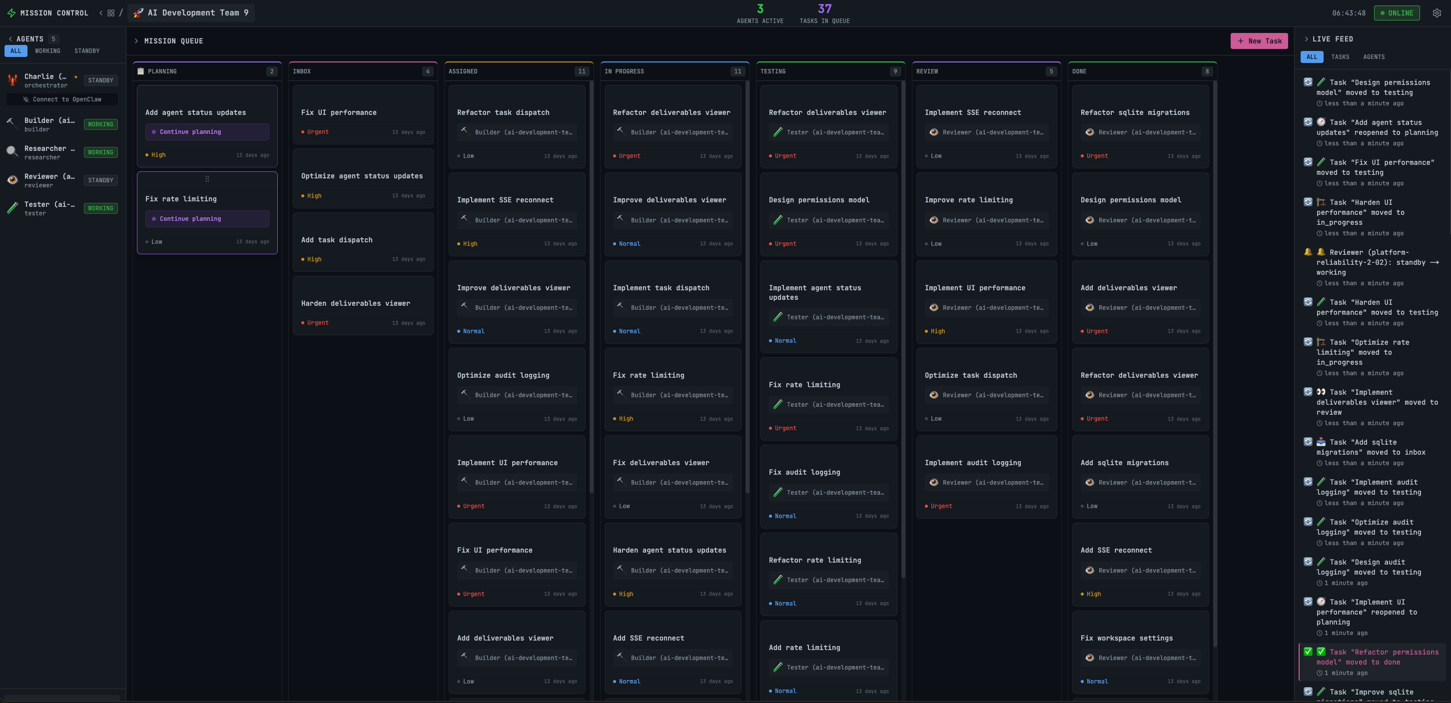 Autensa dashboard showing Kanban board, agent sidebar, and live event feed
